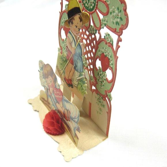 Vintage Valentine Pop Up 3D Die Cut Honeycomb Girl Boy Gardener Germany 1920-30s - Picture 3 of 12
